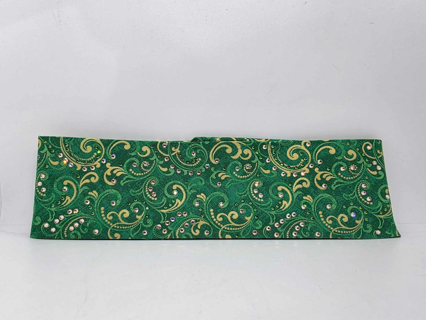 EXTRA BLING -Green and Gold Scrolls Bandana with Dark Green and Honey Austrian Crystals (sku6365)