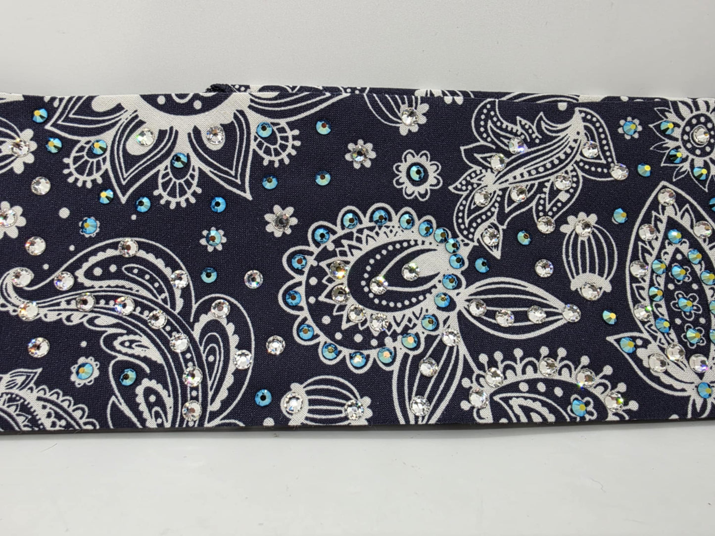 EXTRA BLING -Fancy Blue Paisley Bandana with Black Shimmer and Diamond Clear Austrian Crystals (sku6371)