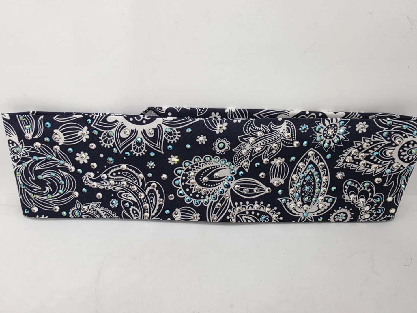 EXTRA BLING -Fancy Blue Paisley Bandana with Black Shimmer and Diamond Clear Austrian Crystals (sku6371)