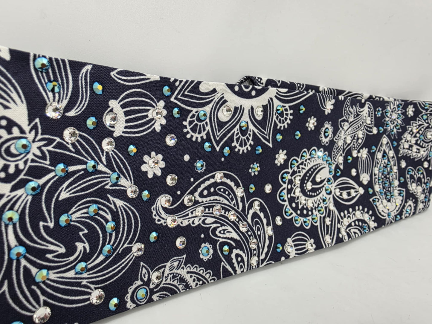 EXTRA BLING -Fancy Blue Paisley Bandana with Black Shimmer and Diamond Clear Austrian Crystals (sku6371)