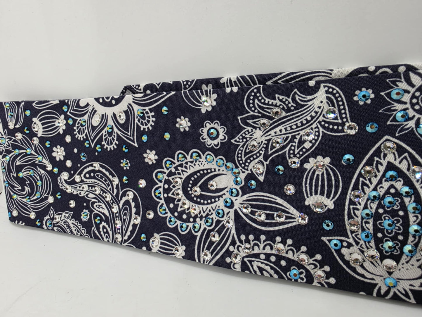 EXTRA BLING -Fancy Blue Paisley Bandana with Black Shimmer and Diamond Clear Austrian Crystals (sku6371)