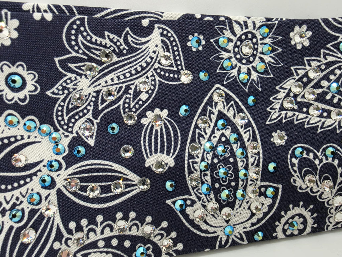 EXTRA BLING -Fancy Blue Paisley Bandana with Black Shimmer and Diamond Clear Austrian Crystals (sku6371)