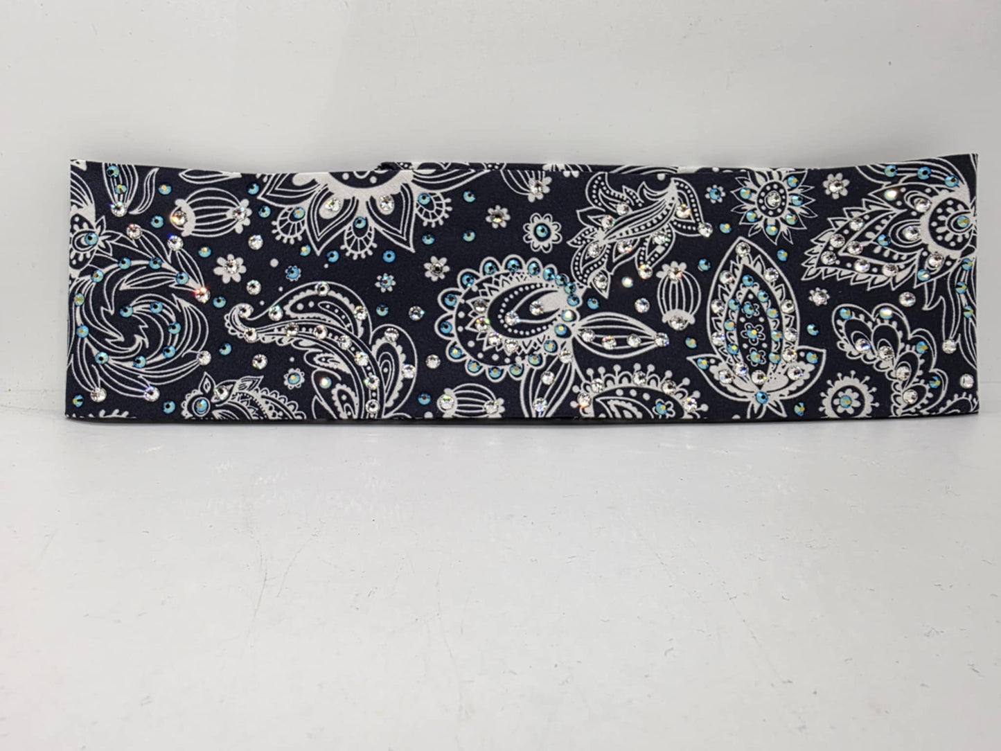 EXTRA BLING -Fancy Blue Paisley Bandana with Black Shimmer and Diamond Clear Austrian Crystals (sku6371)