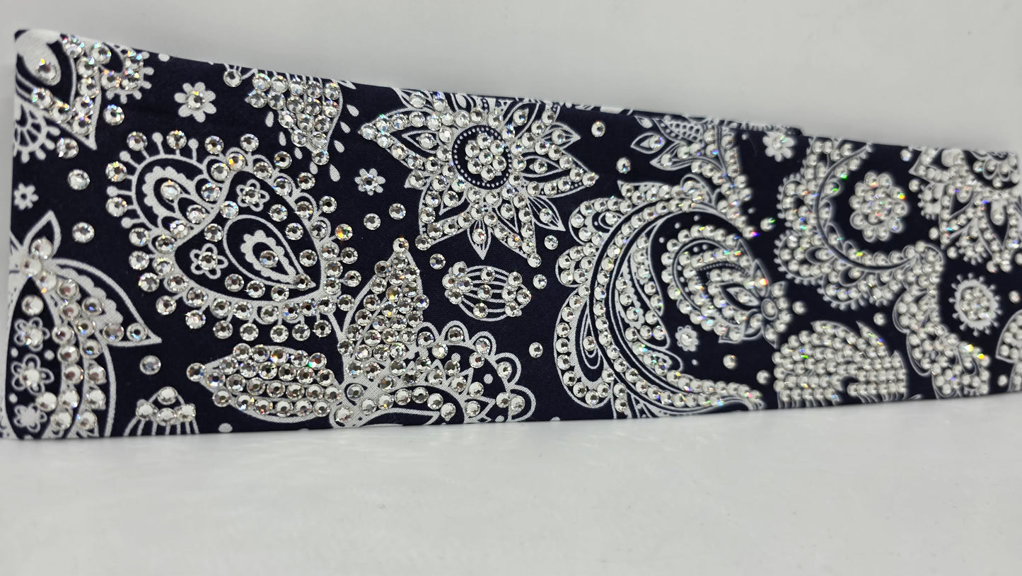 Super LeeAnnette White on Blue Paisley Bandana with Diamond Clear Austrian Crystals (S48150)
