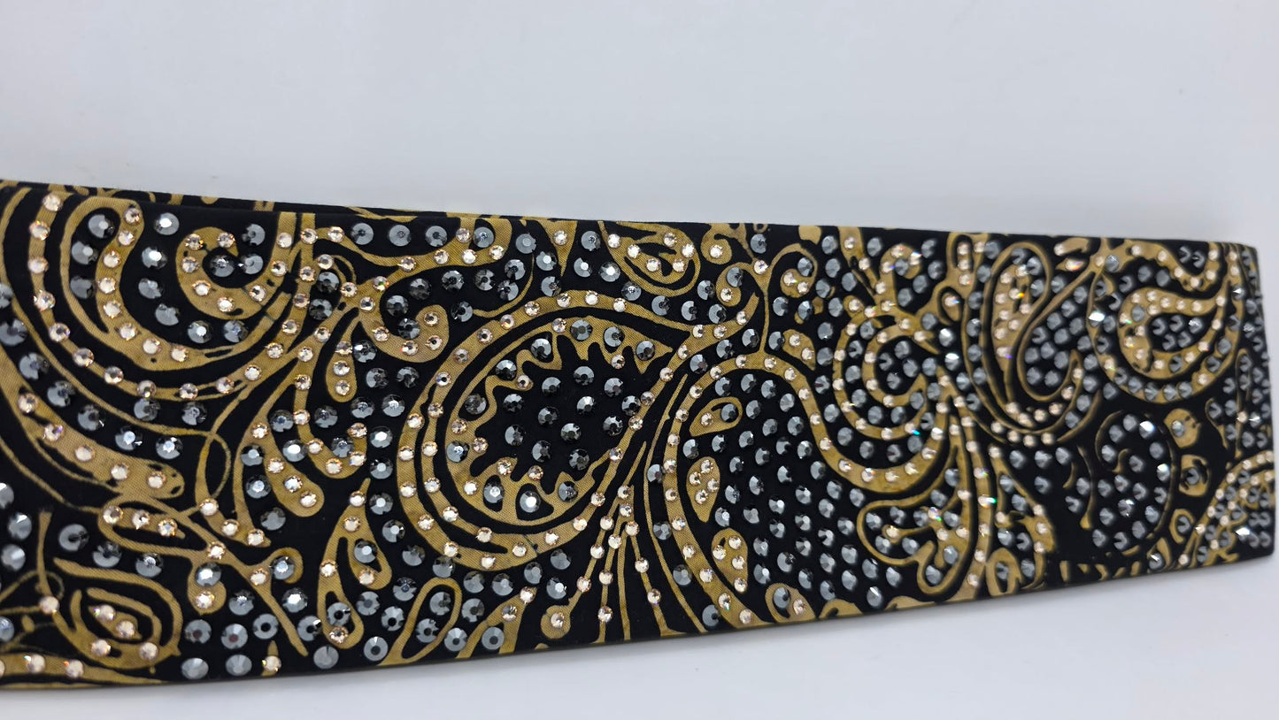 Super LeeAnnette Black and Gold Scroll Bandana with Black and Honey Austrian Crystals (S48119)
