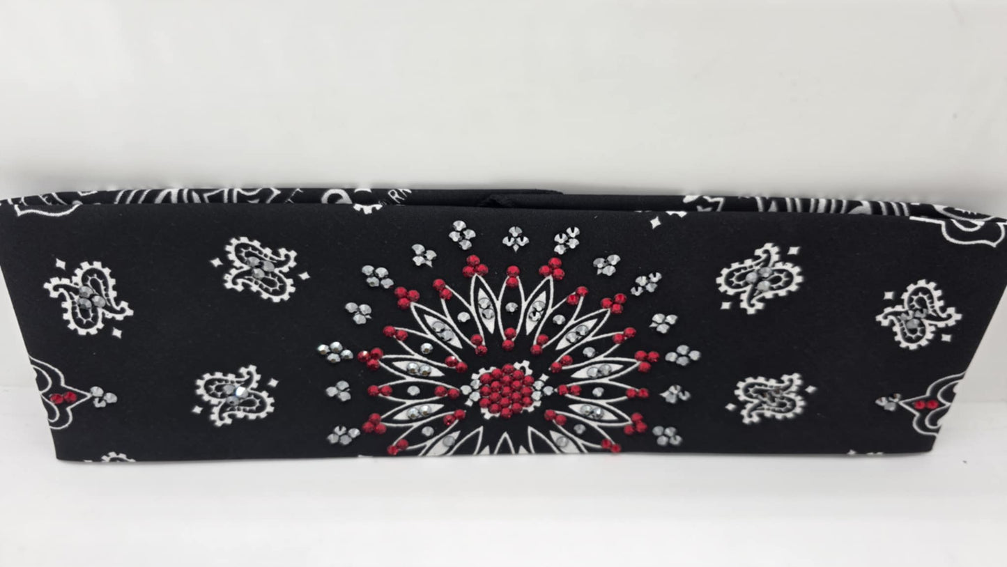 EXTRA BLING - Black Paisley Bandana with Red and Black Austrian Crystals (sku6382)