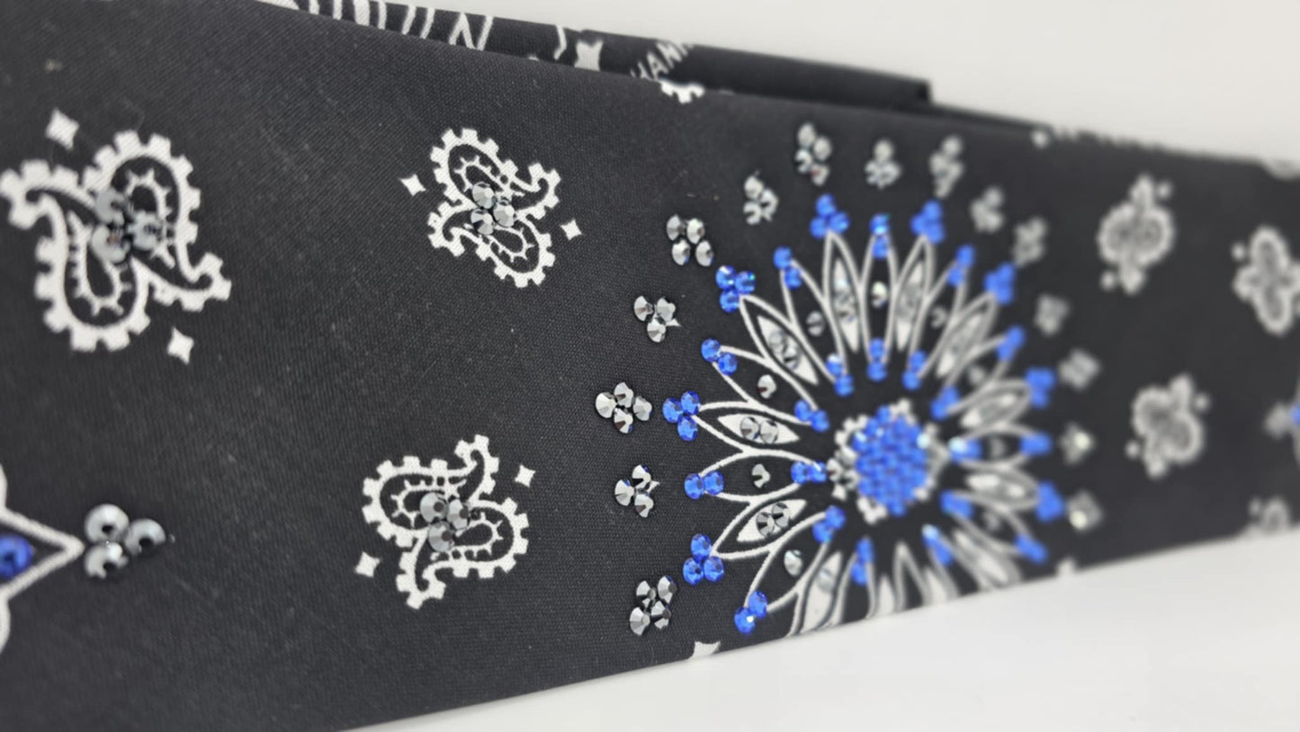EXTRA BLING - Black Paisley Bandana with Blue and Black Austrian Crystals (sku6383)