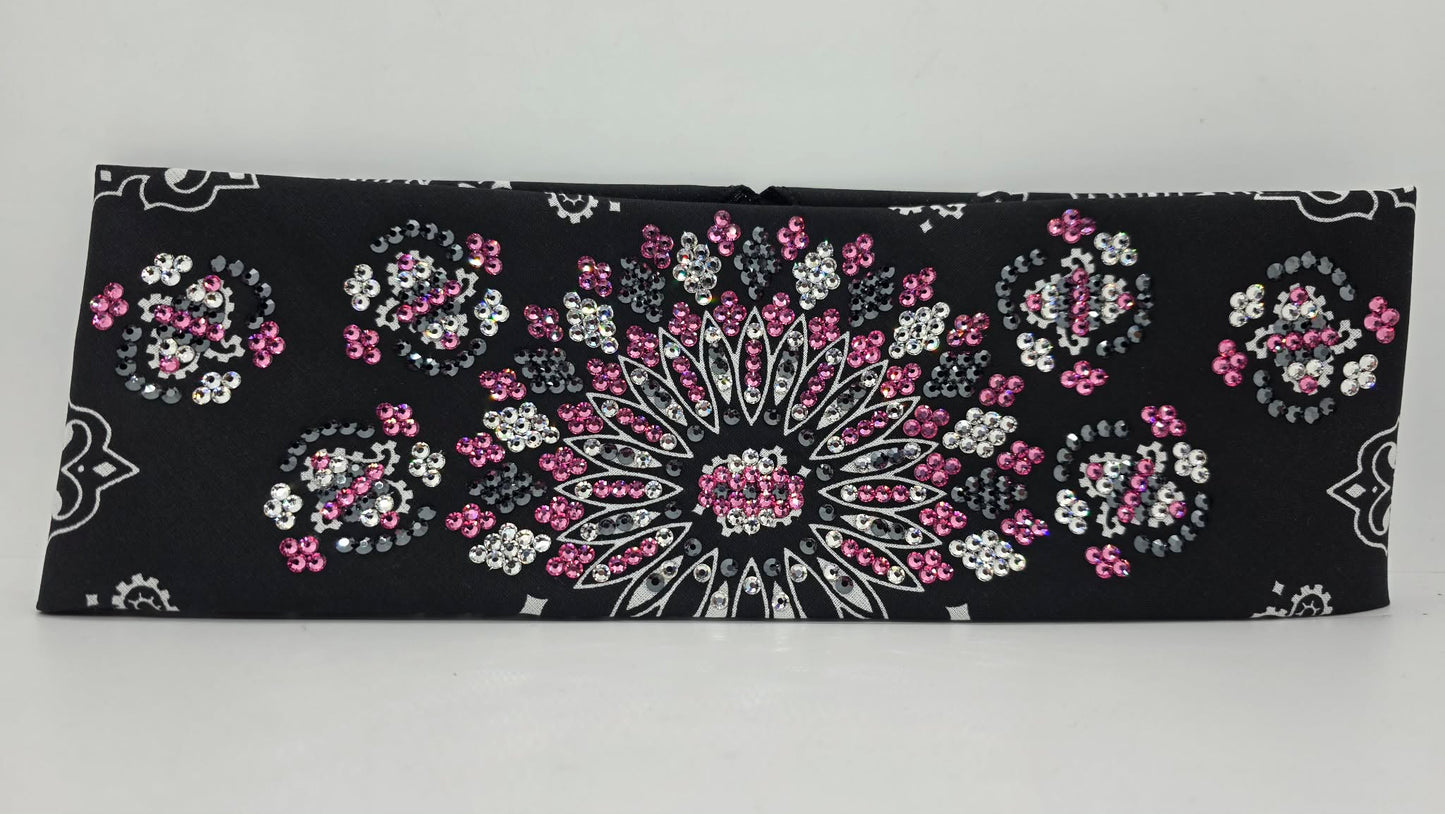 Super LeeAnnette Black Paisley Bandana with Rose, Black and Diamond Clear Austrian Crystals (S48183)