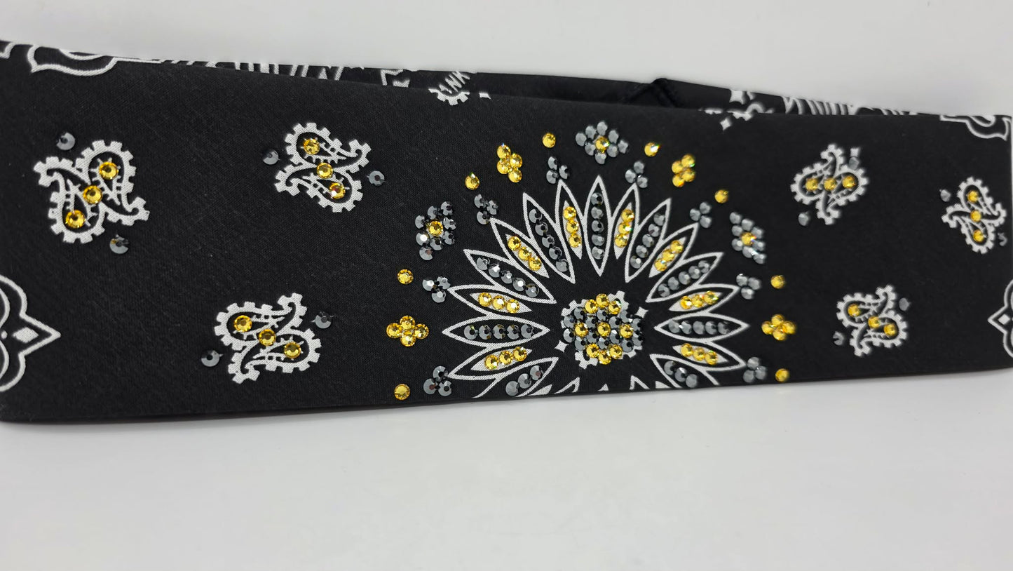 EXTRA BLING -Black Paisley Bandana with Golden Yellow and Black Austrian Crystals (E60110)
