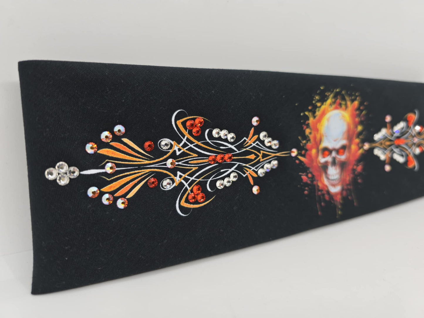 Bargain Skull and Pinstripe Bandana with Orange, Sun Shimmer and Diamond Clear Austrian Crystals (Sku8093)