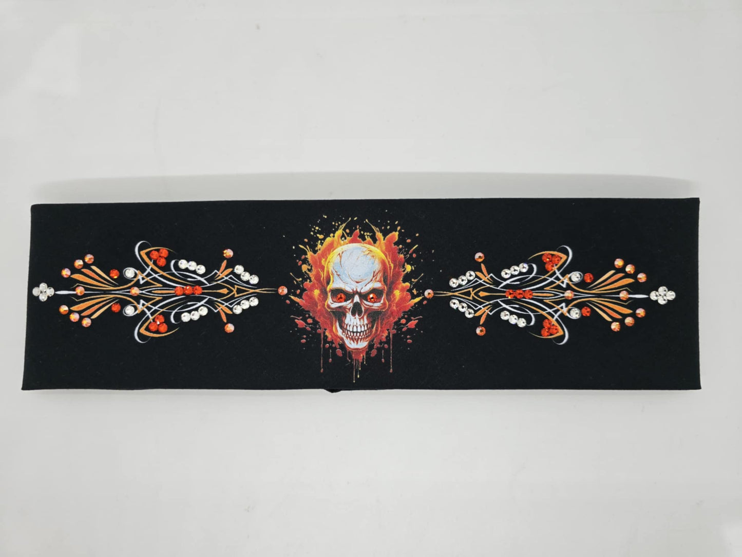 Bargain Skull and Pinstripe Bandana with Orange, Sun Shimmer and Diamond Clear Austrian Crystals (Sku8093)