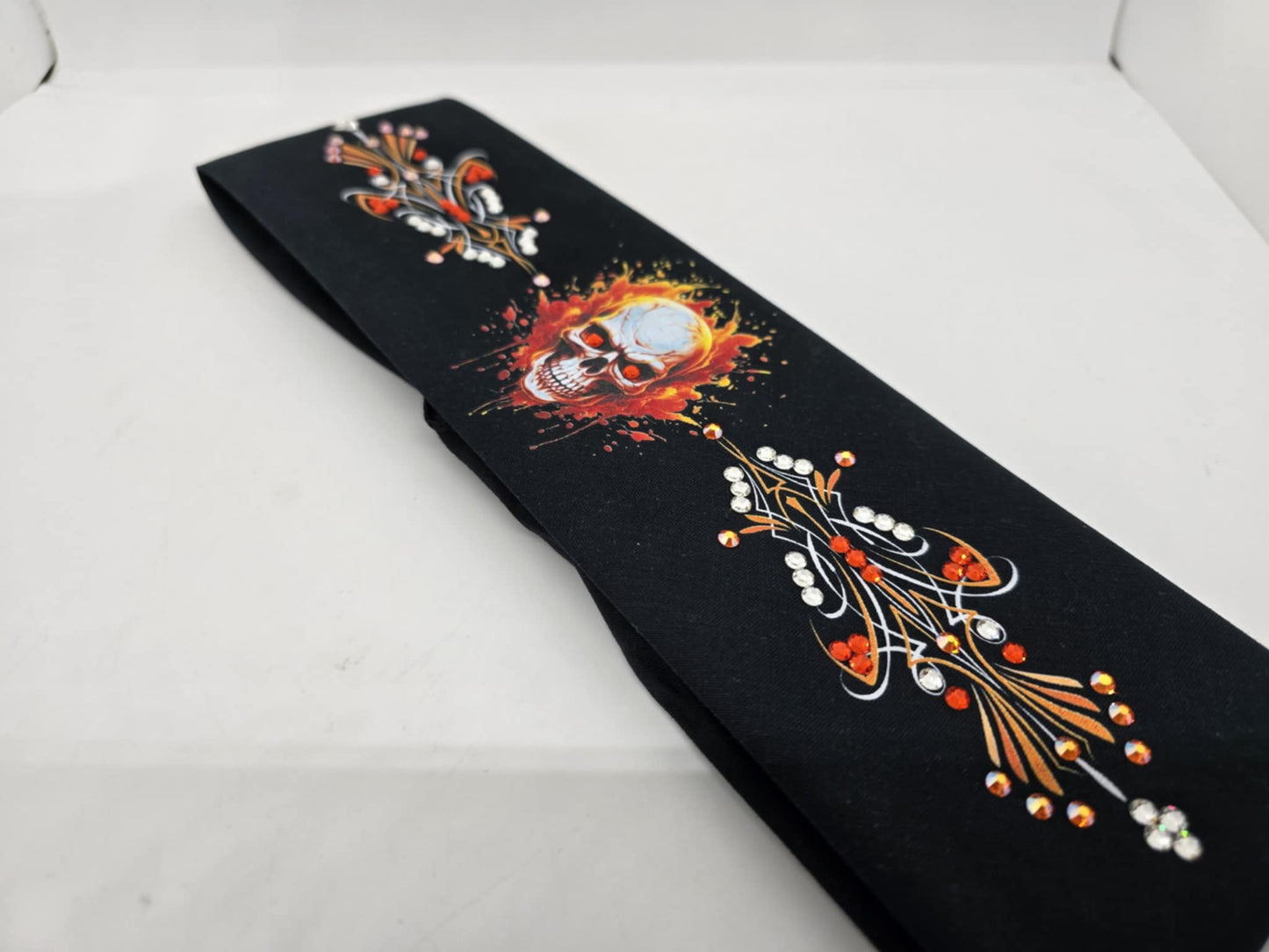 Bargain Skull and Pinstripe Bandana with Orange, Sun Shimmer and Diamond Clear Austrian Crystals (Sku8093)