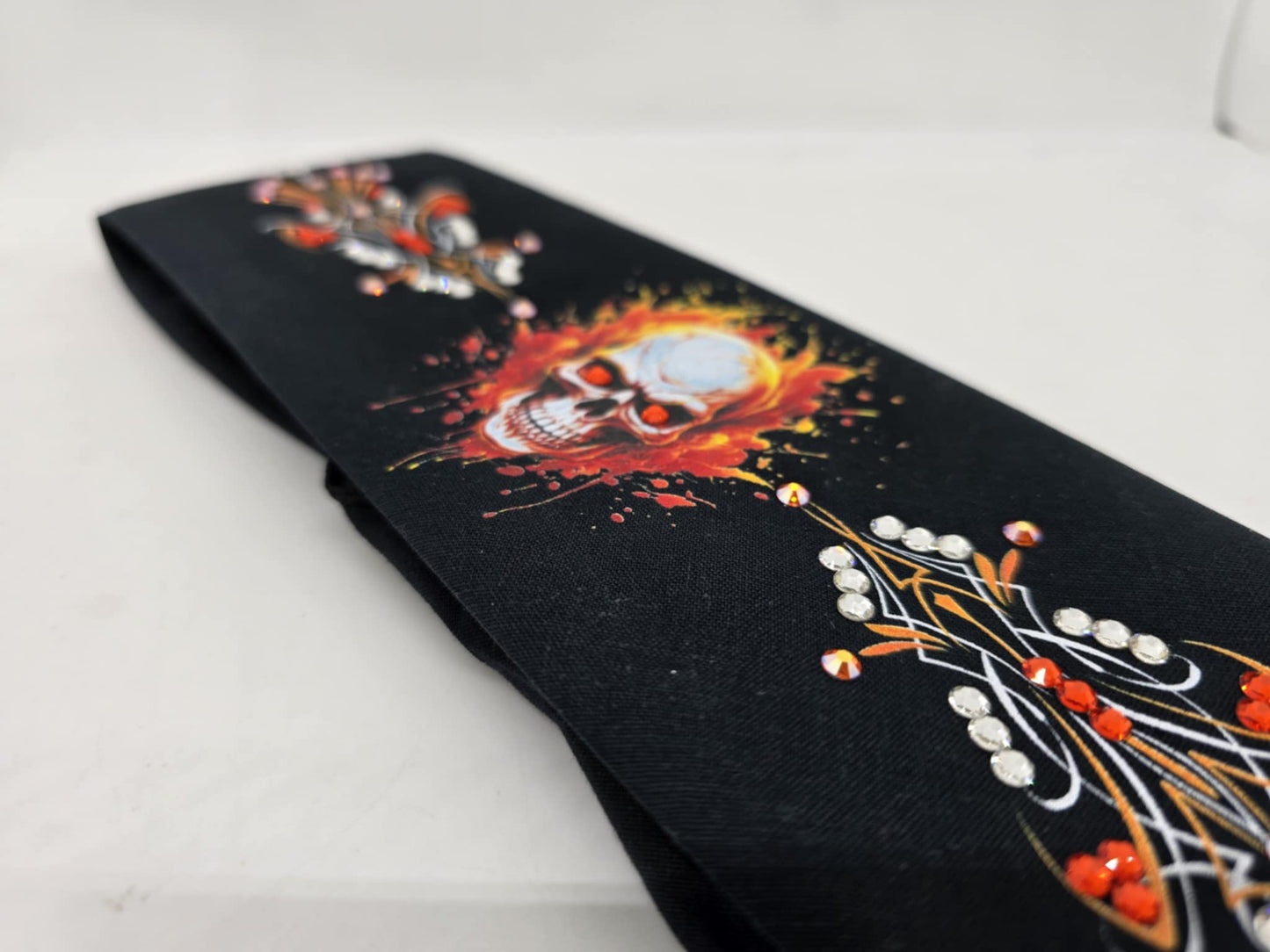 Bargain Skull and Pinstripe Bandana with Orange, Sun Shimmer and Diamond Clear Austrian Crystals (Sku8093)