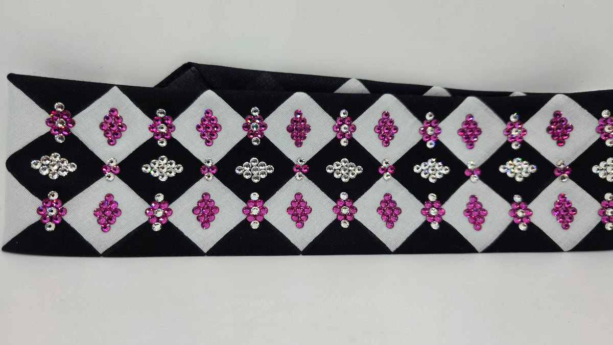 LeeAnnette Black and White Checker Bandana with Fuchsia and Diamond Clear Austrian Crystals (L40286)