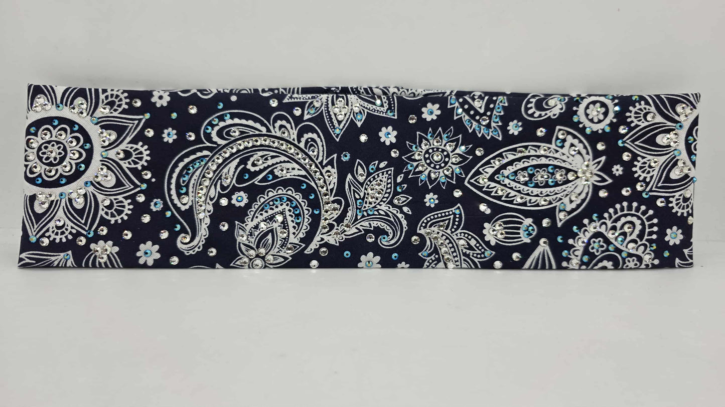 LeeAnnette Fancy Blue Paisley Bandana with Black Shimmer and Diamond Clear Austrian Crystals (sku40128)