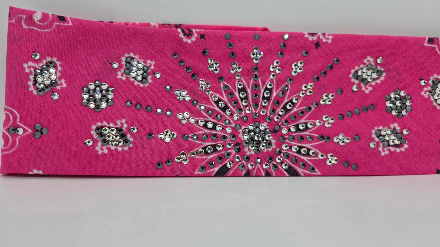 LeeAnnette Pink Paisley Bandana with Black and Diamond Clear Austrian Crystals (L40233)