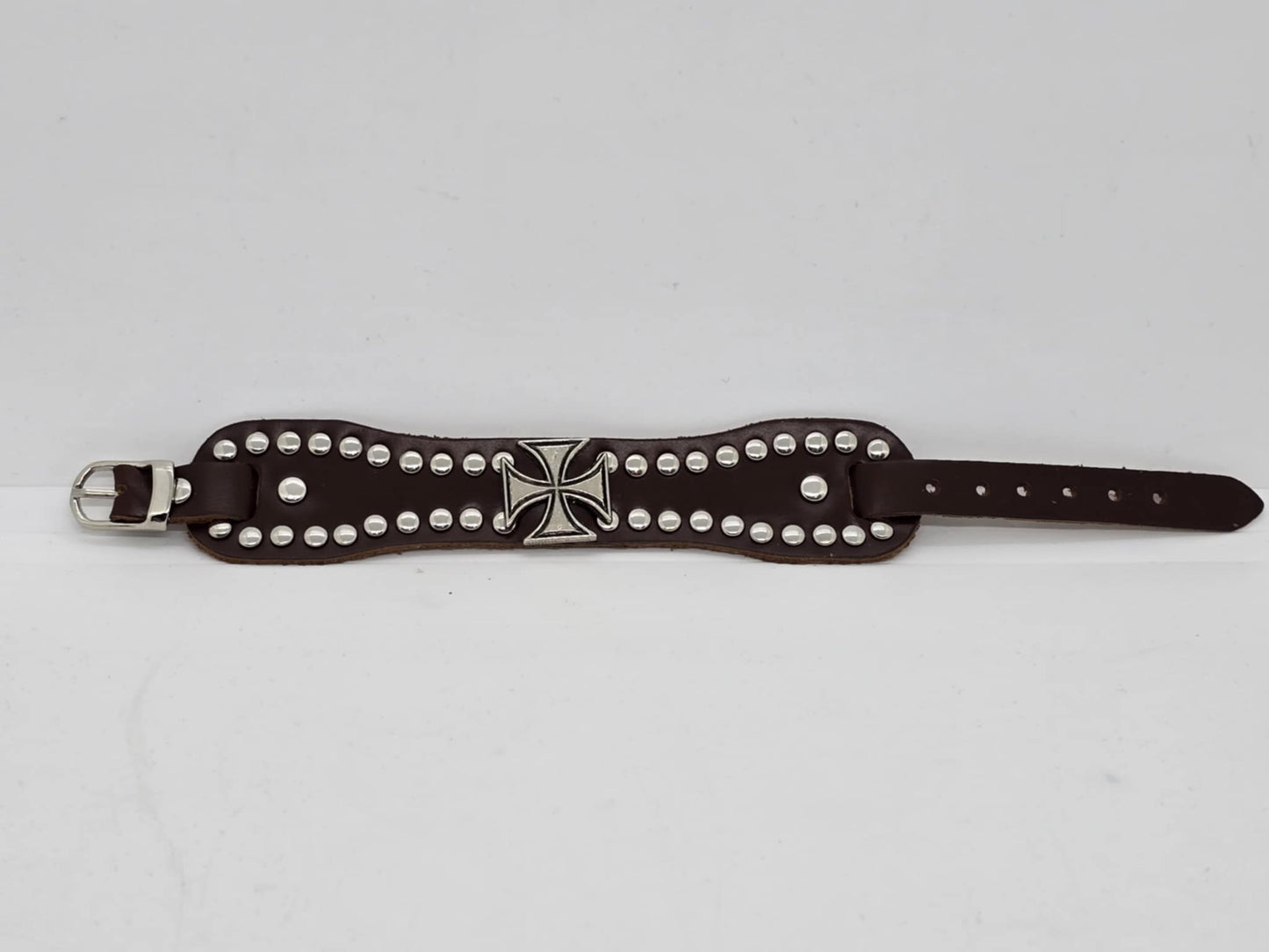 UNISEX Brown Leather Small Maltese Cross Adjustable Bracelet (sku8319)