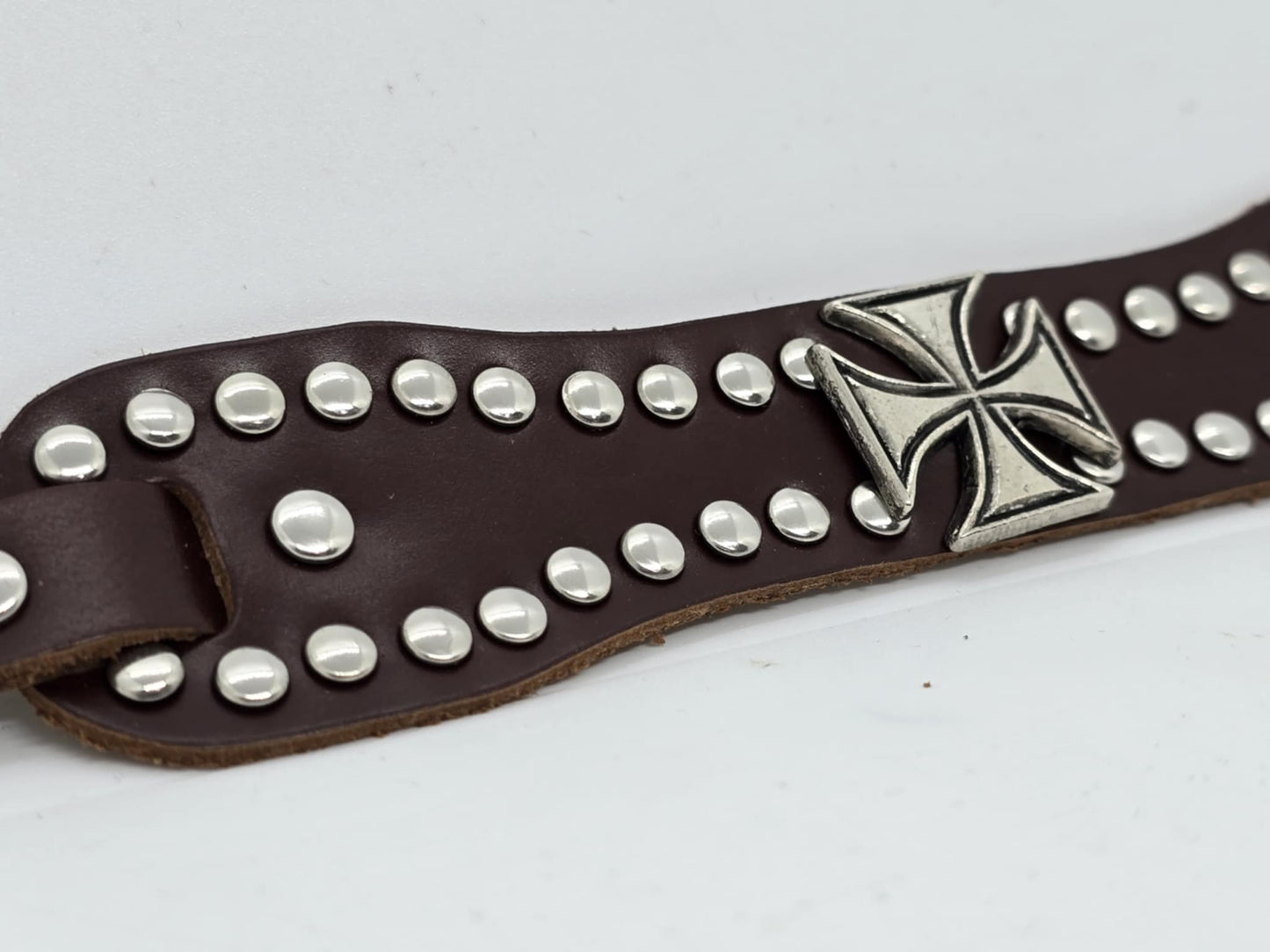 UNISEX Brown Leather Small Maltese Cross Adjustable Bracelet (sku8319)