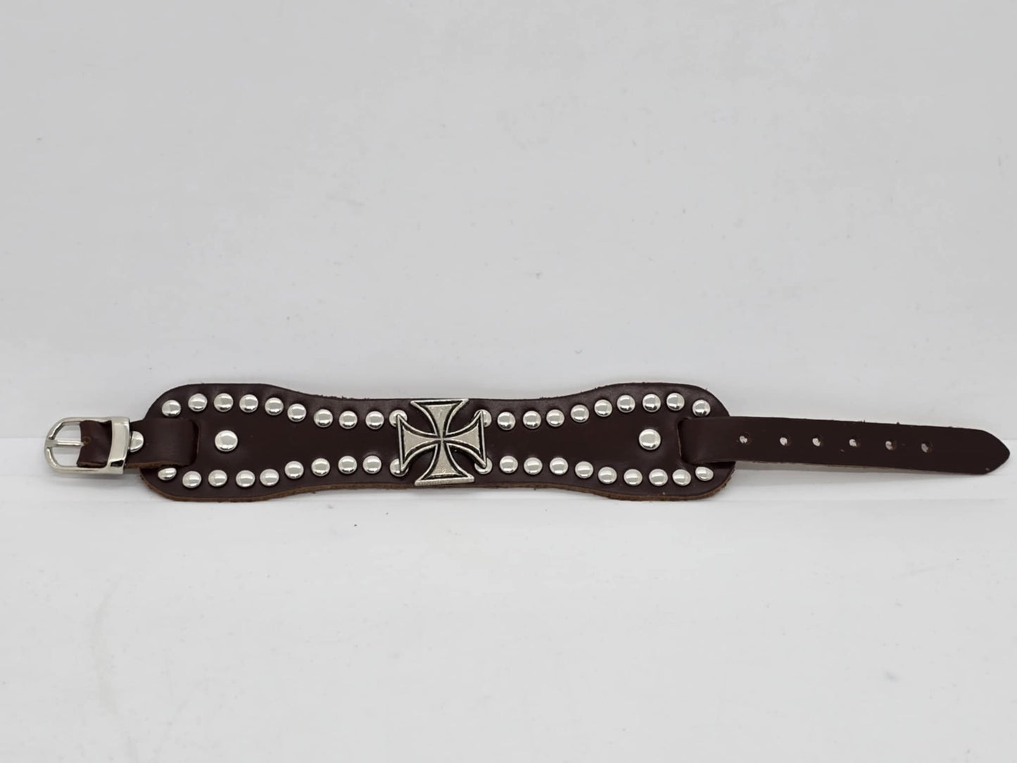 UNISEX Brown Leather Small Maltese Cross Adjustable Bracelet (sku8319)