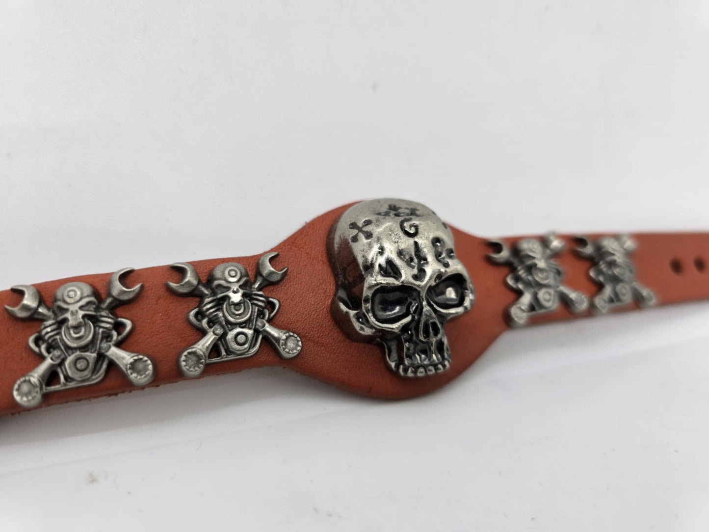 Burnt Orange Adjustable Leather Skull Motor Wrench UNISEX Bracelet (sku8324)
