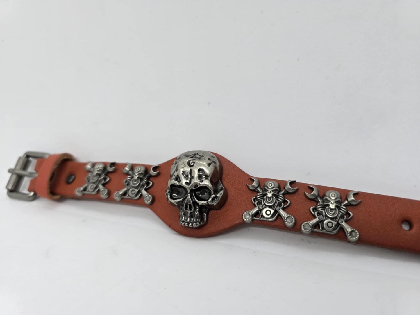 Burnt Orange Adjustable Leather Skull Motor Wrench UNISEX Bracelet (sku8324)