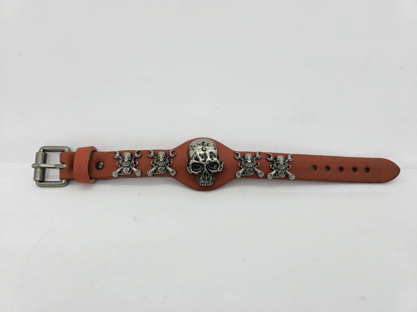 Burnt Orange Adjustable Leather Skull Motor Wrench UNISEX Bracelet (sku8324)