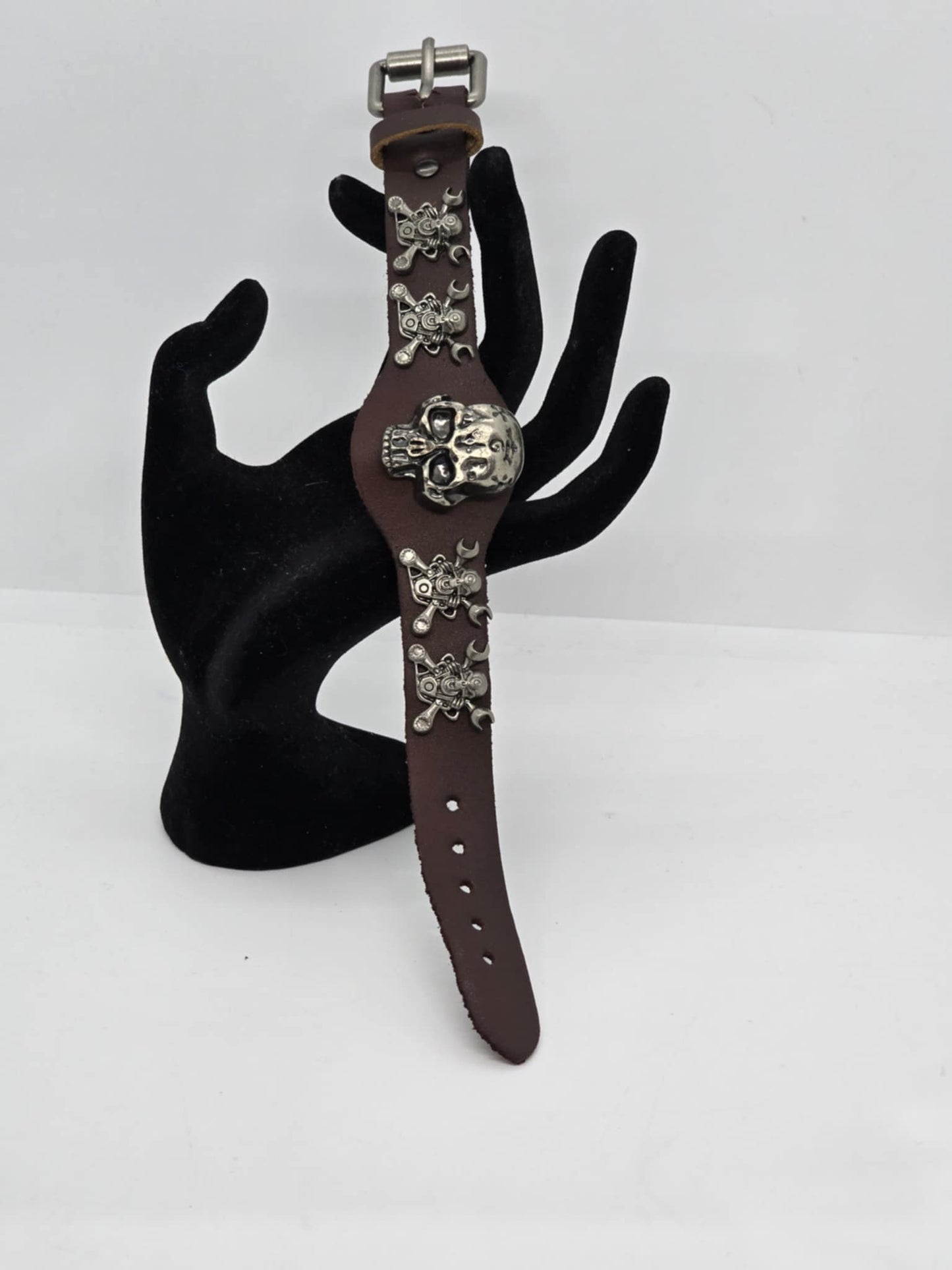 Brown Adjustable Leather Skull Motor Wrench UNISEX Bracelet (sku8326)