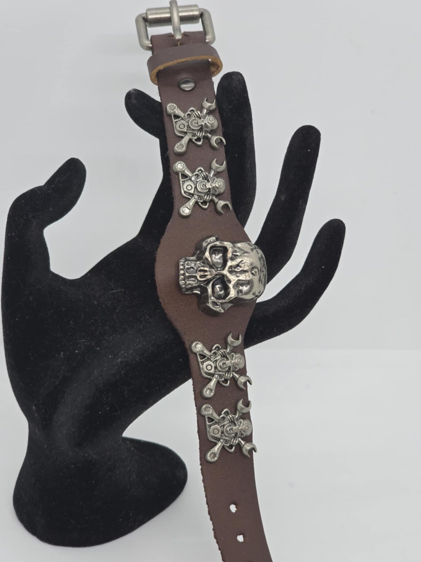Brown Adjustable Leather Skull Motor Wrench UNISEX Bracelet (sku8326)