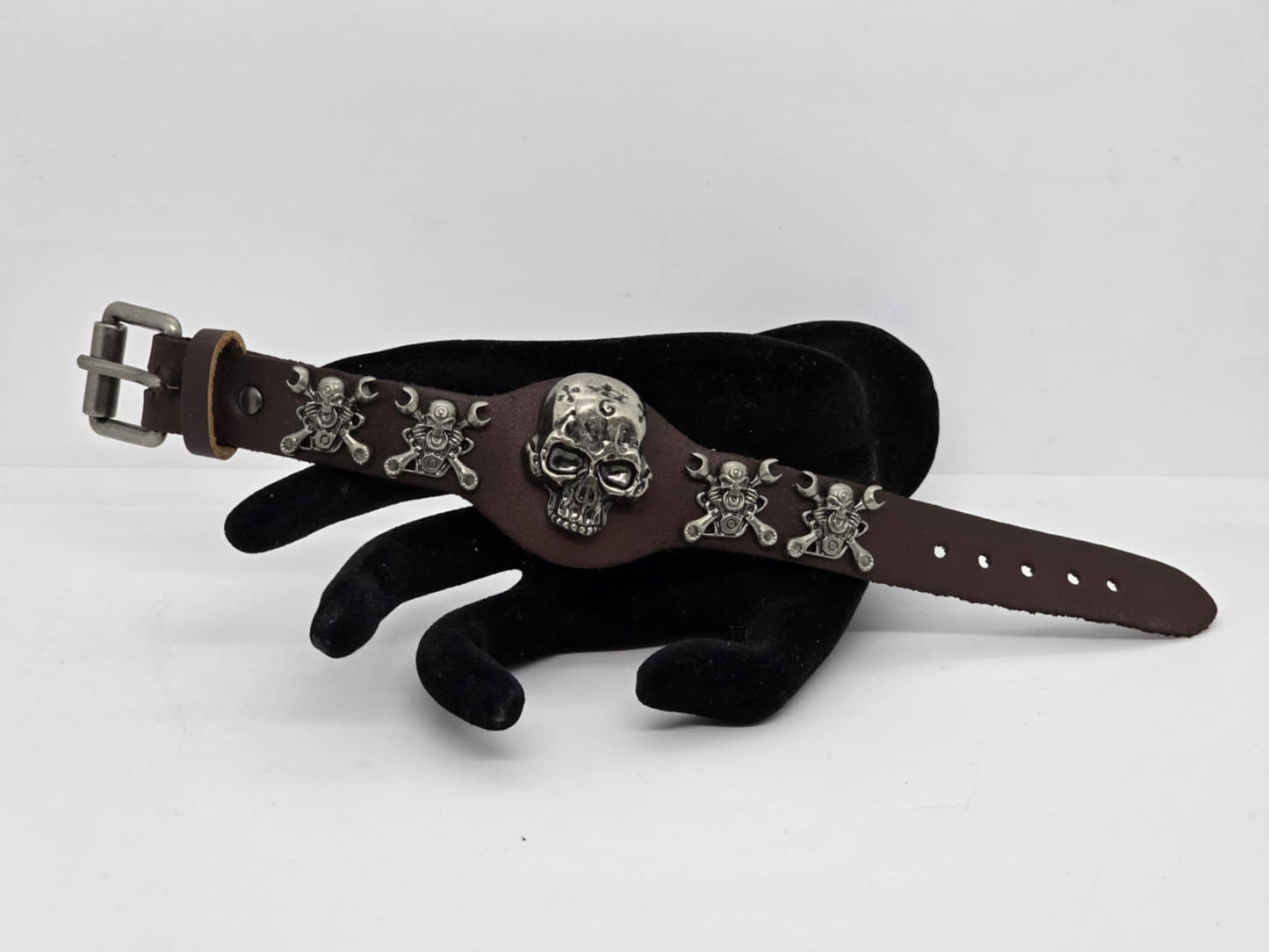 Brown Adjustable Leather Skull Motor Wrench UNISEX Bracelet (sku8326)