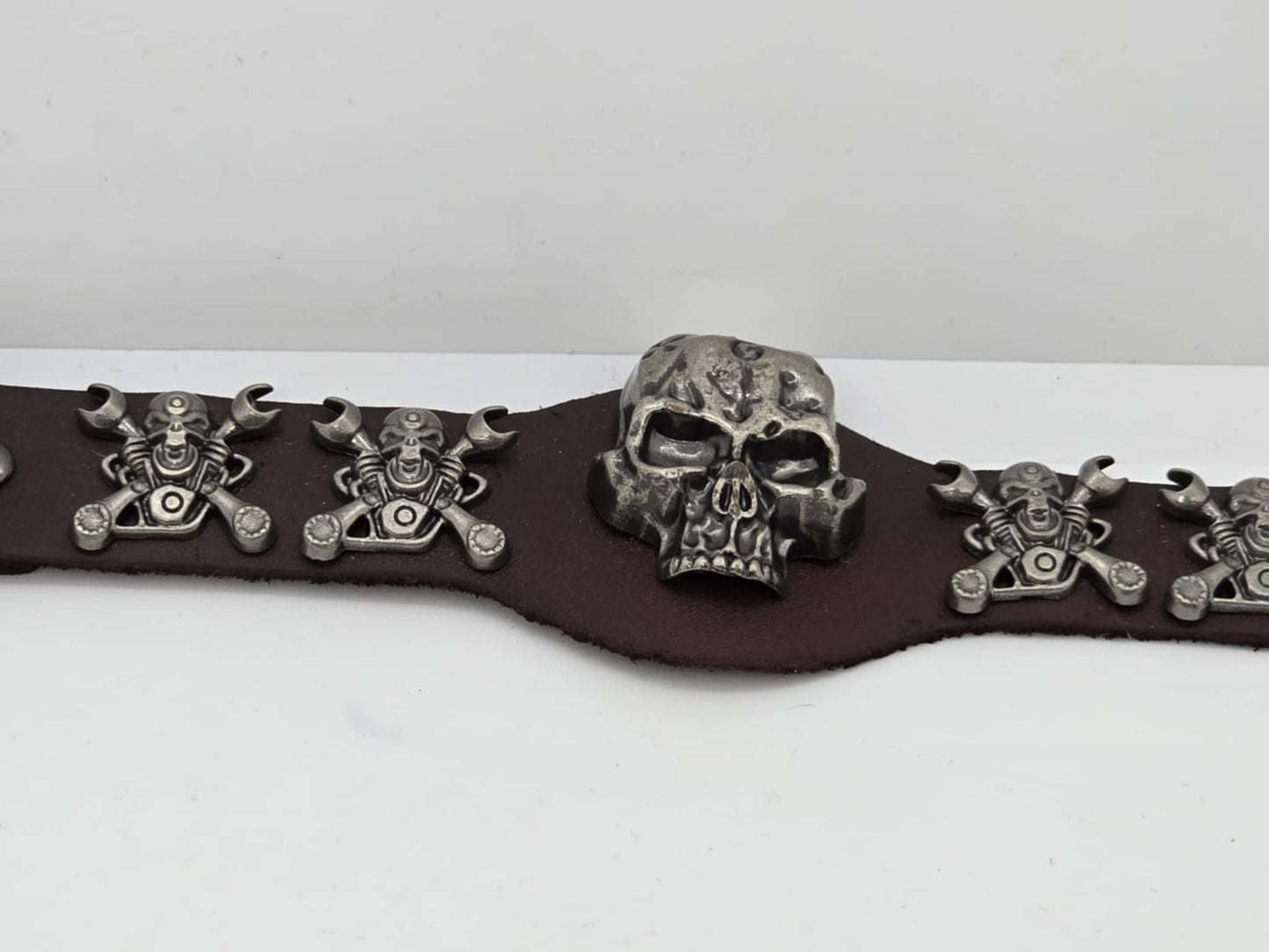 Brown Adjustable Leather Skull Motor Wrench UNISEX Bracelet (sku8326)