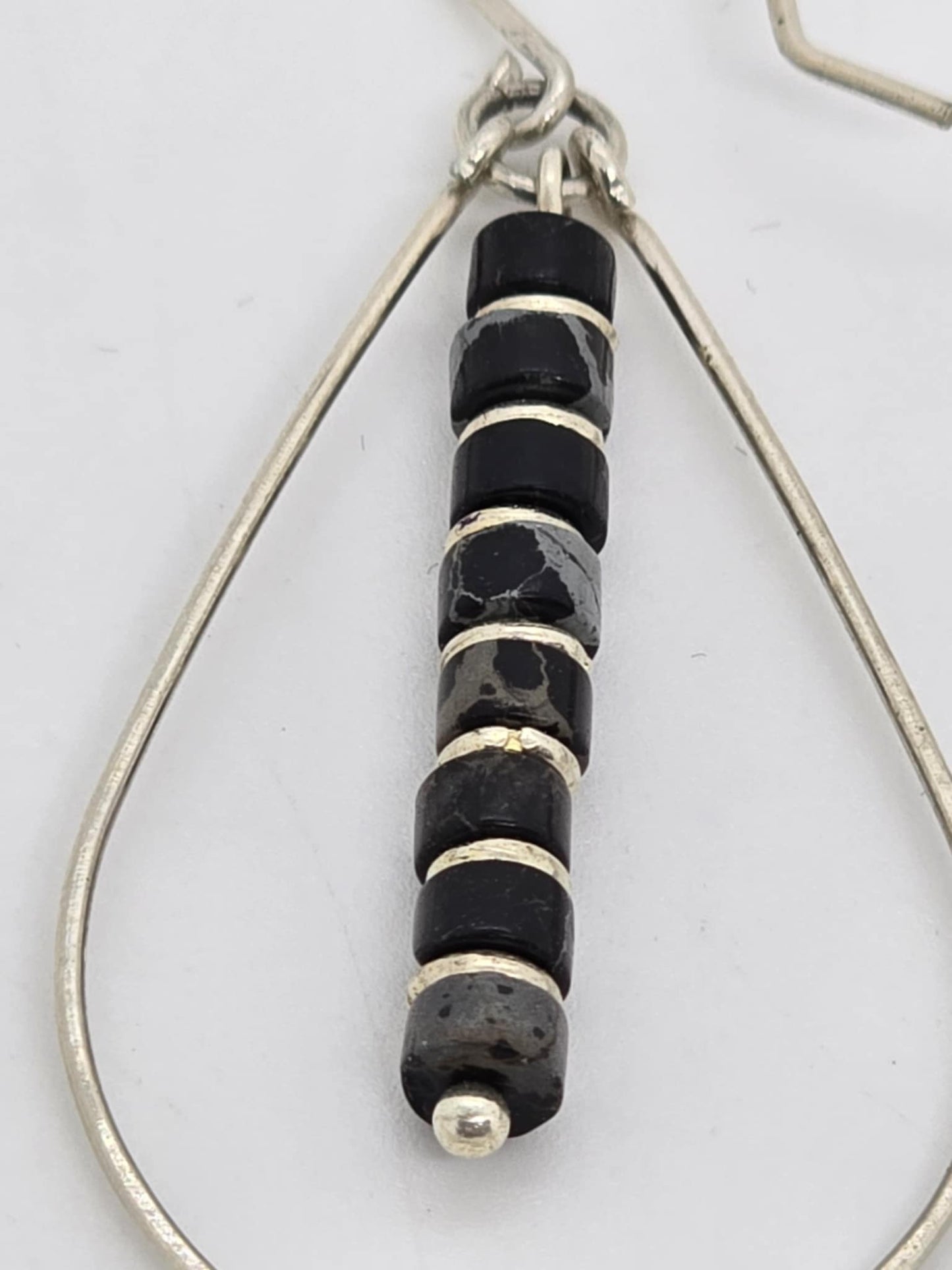 Black Jasper and Silver Teardrop Hoop Earrings (Sku8702)