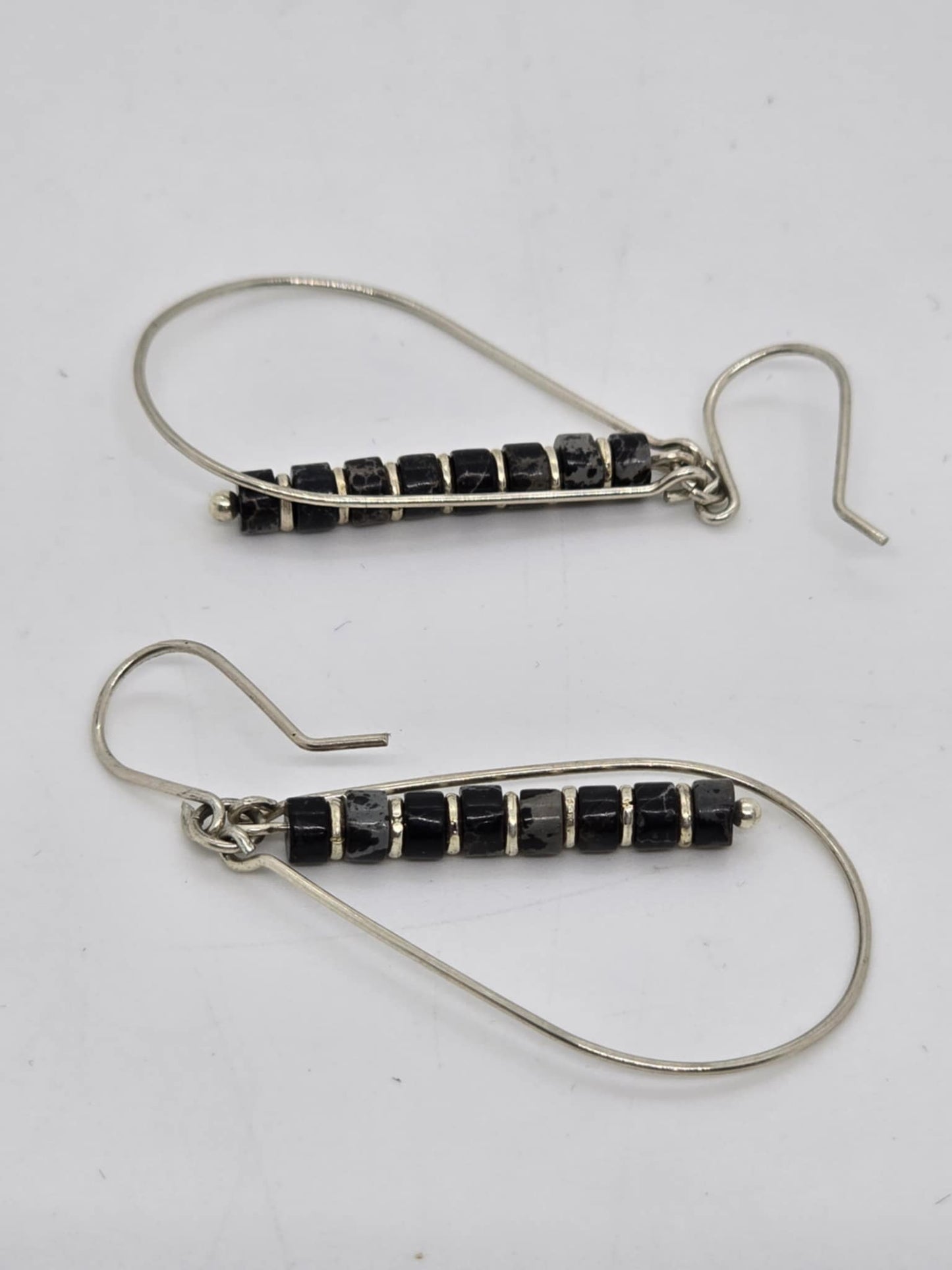 Black Jasper and Silver Teardrop Hoop Earrings (Sku8702)