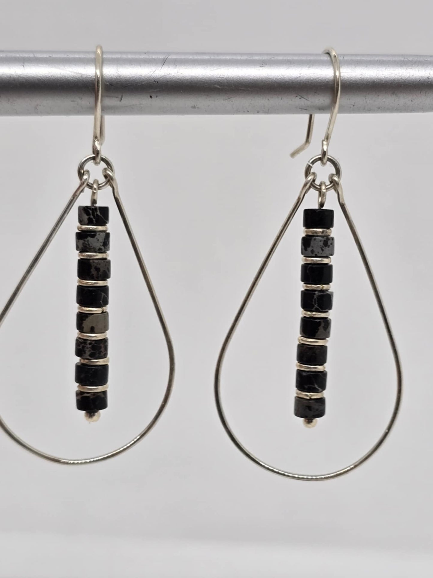 Black Jasper and Silver Teardrop Hoop Earrings (Sku8702)