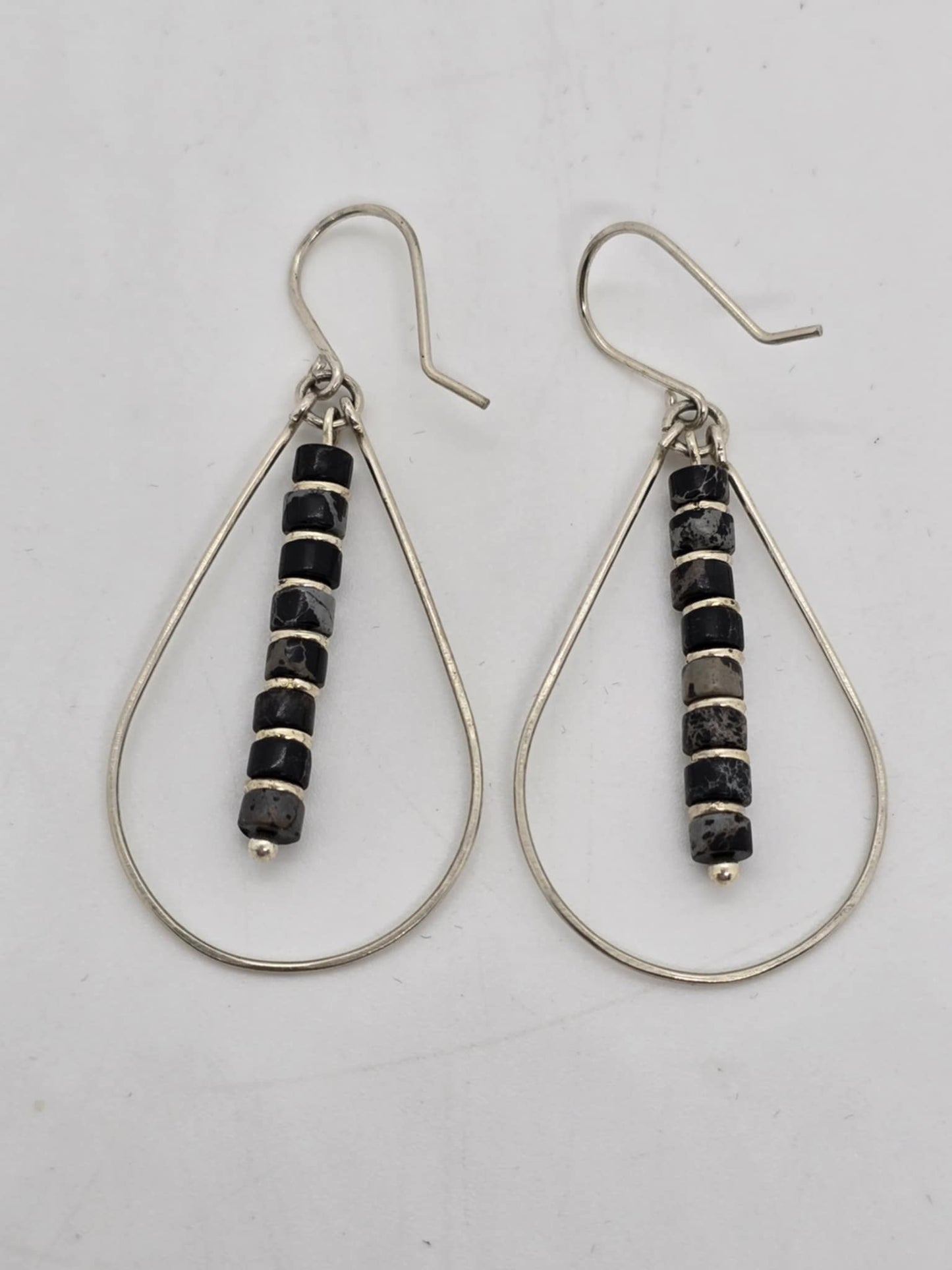 Black Jasper and Silver Teardrop Hoop Earrings (Sku8702)