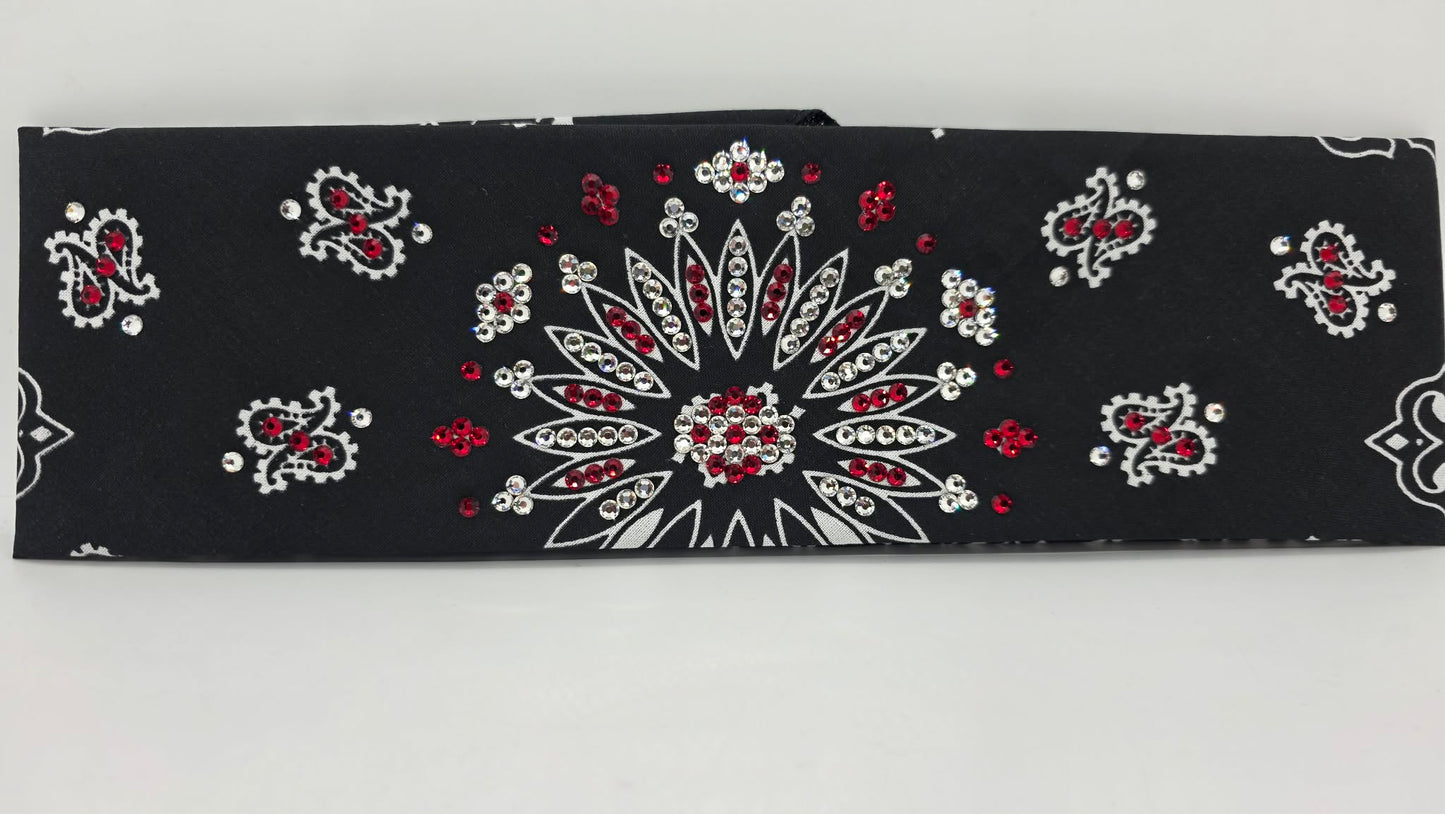 Black Paisley Bandana with Red and Diamond Clear Austrian Crystals (E60141)