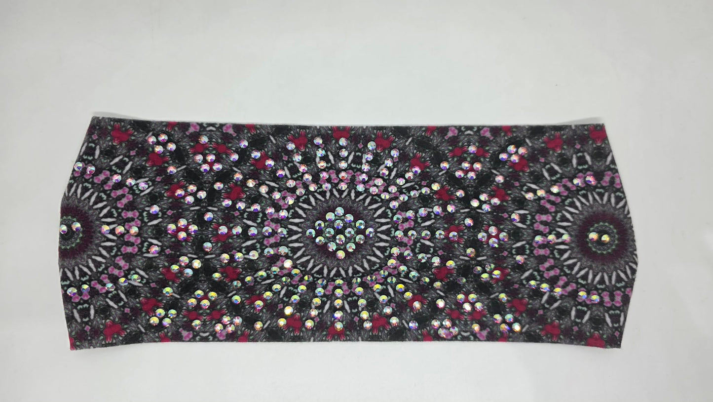 Stretchy Headband Pink and Grey Medallion with Aurora Borealis Crystals (Sku5474)