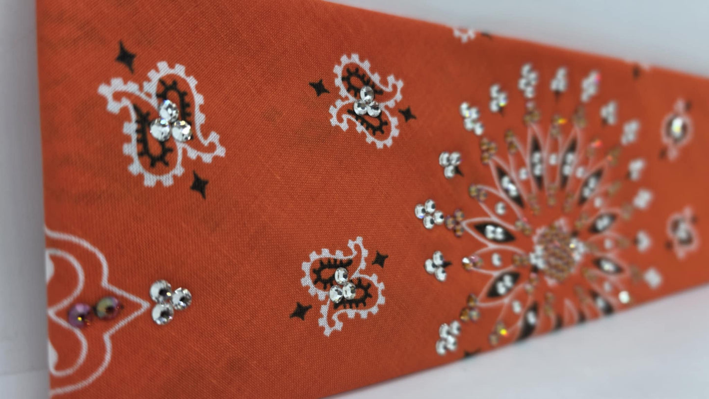 EXTRA BLING - Orange Paisley Bandana with Lava and Diamond Clear Austrian Crystals (sku6392)