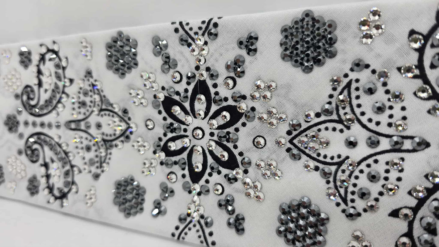Super LeeAnnette White Black Flower Bandana with Black and Diamond Clear Austrian Crystals (sku40106)