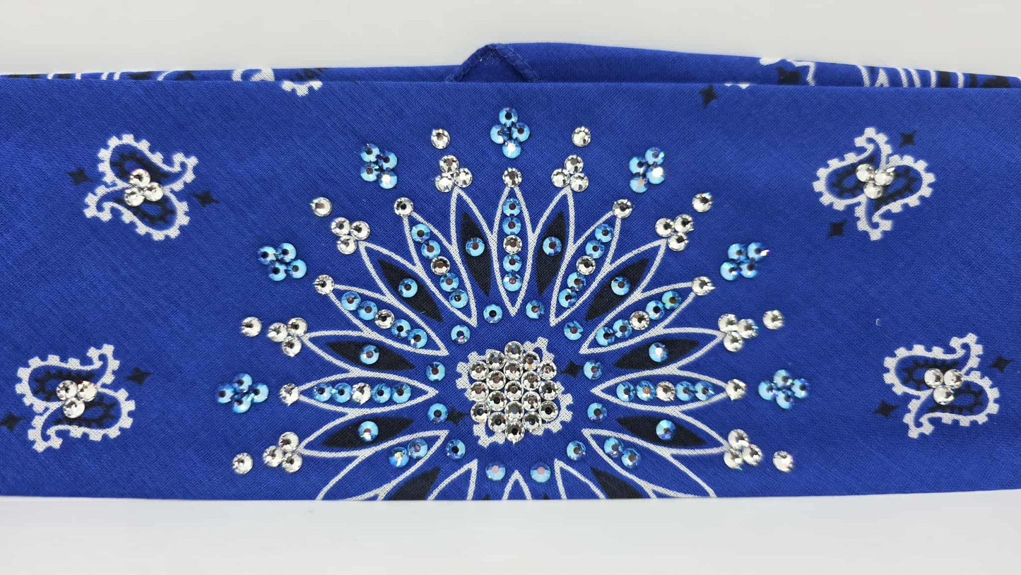 EXTRA BLING - Royal Blue Paisley Bandana with Blue Shimmer and Diamond Clear Austrian Crystals (sku6404)