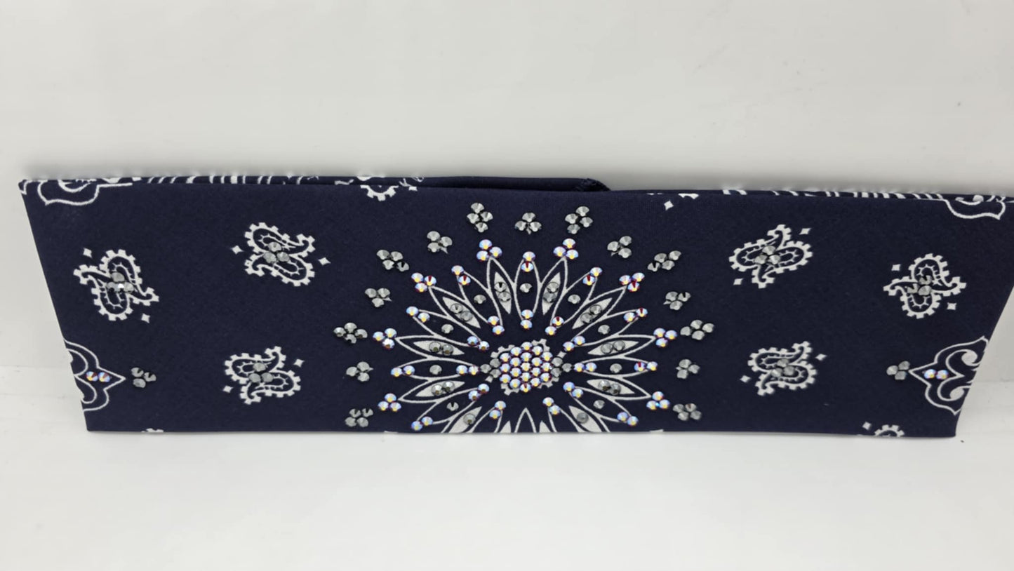 EXTRA BLING - Navy Paisley Bandana with Red Shimmer and Black Austrian Crystals (sku6394)