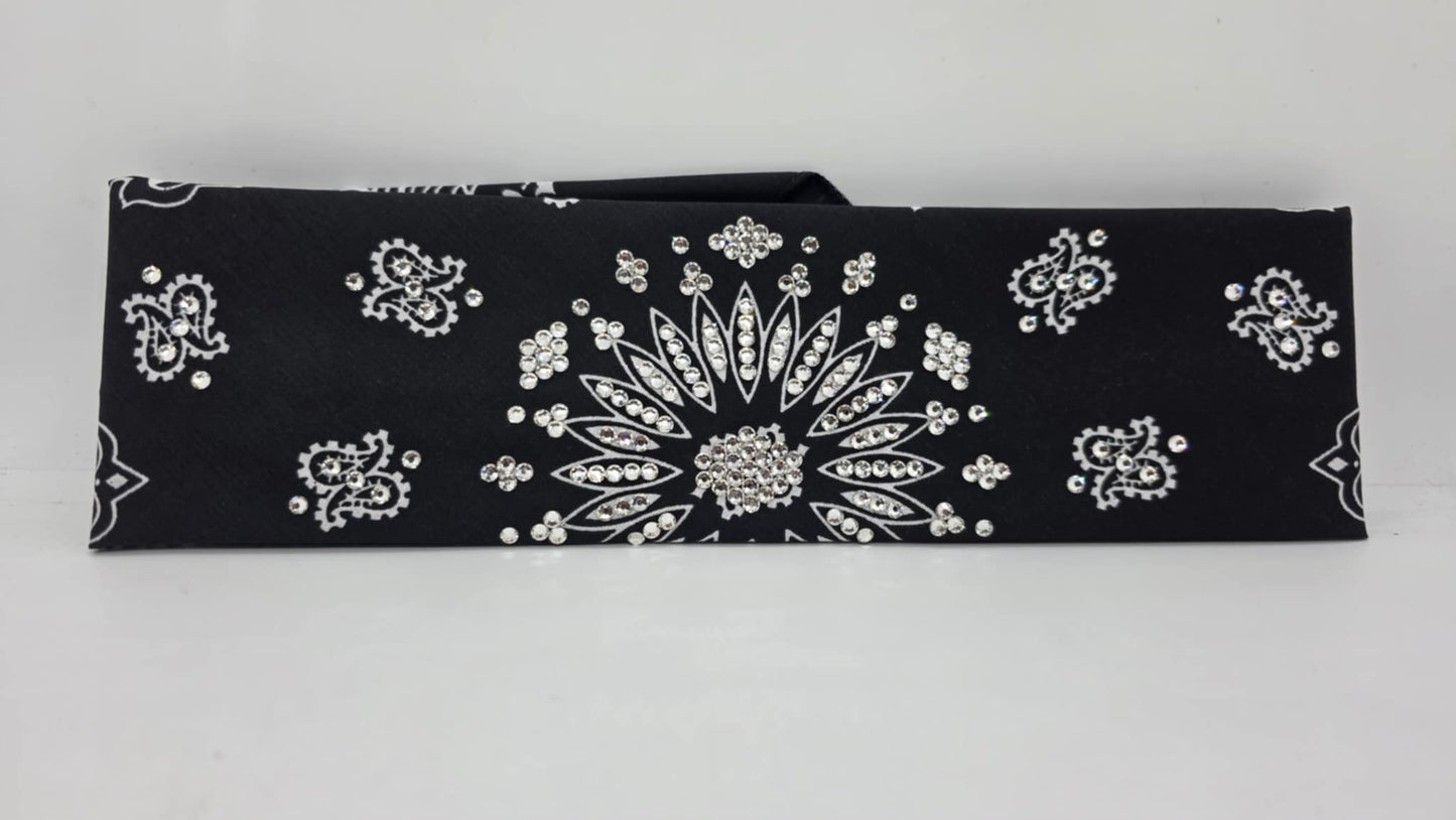 EXTRA BLING - Black Paisley Bandana with Diamond Clear Austrian Crystals (sku6397)