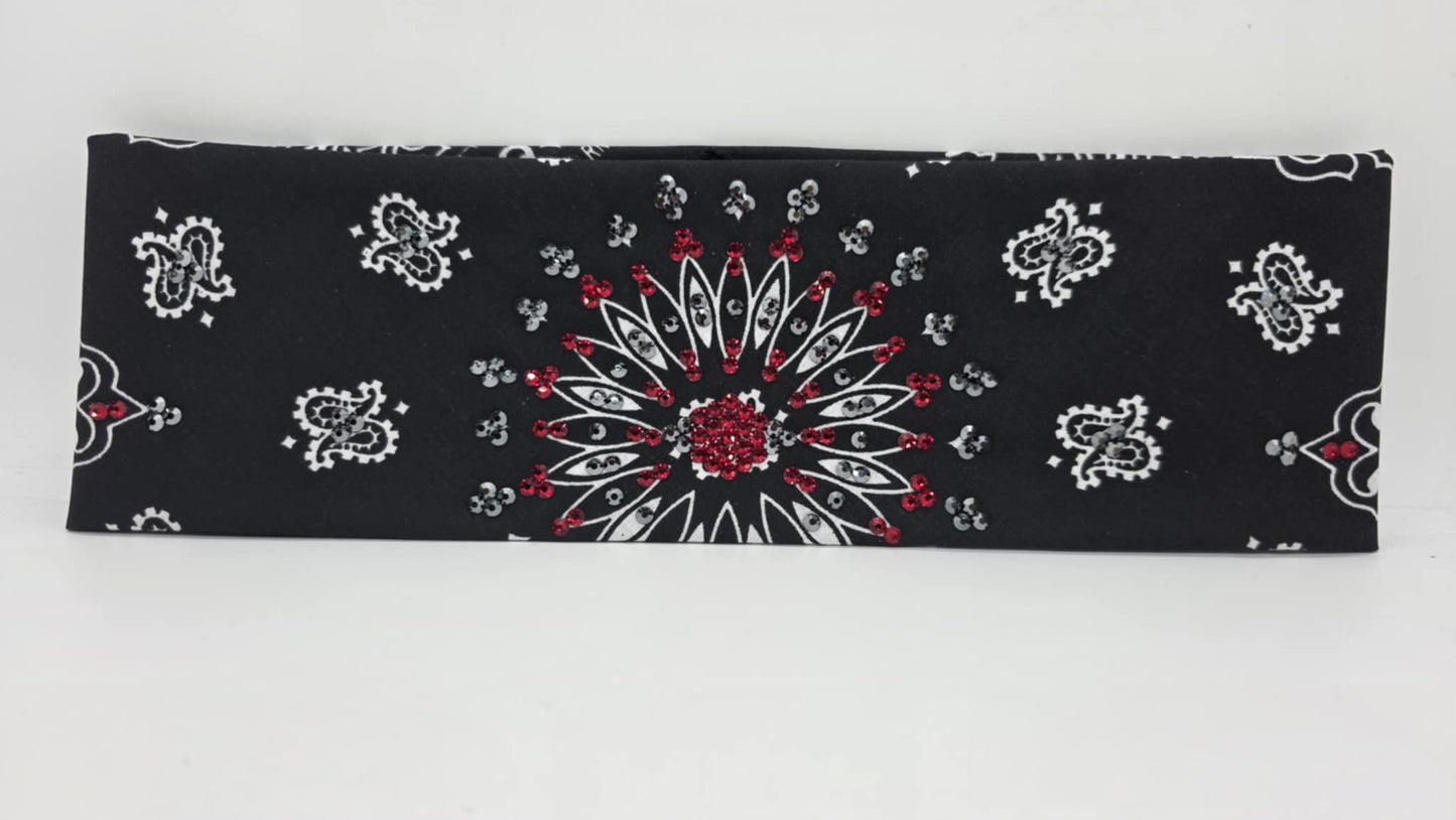 EXTRA BLING - Black Paisley Bandana with Red and Black Austrian Crystals (sku6382)