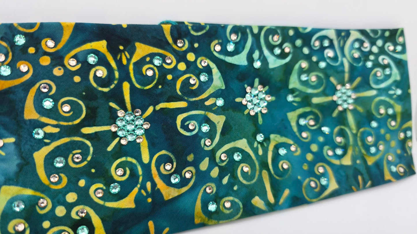 EXTRA BLING -Sea Green Batik Bandana with Honey and Caribbean Sea Austrian Crystals (E60108)