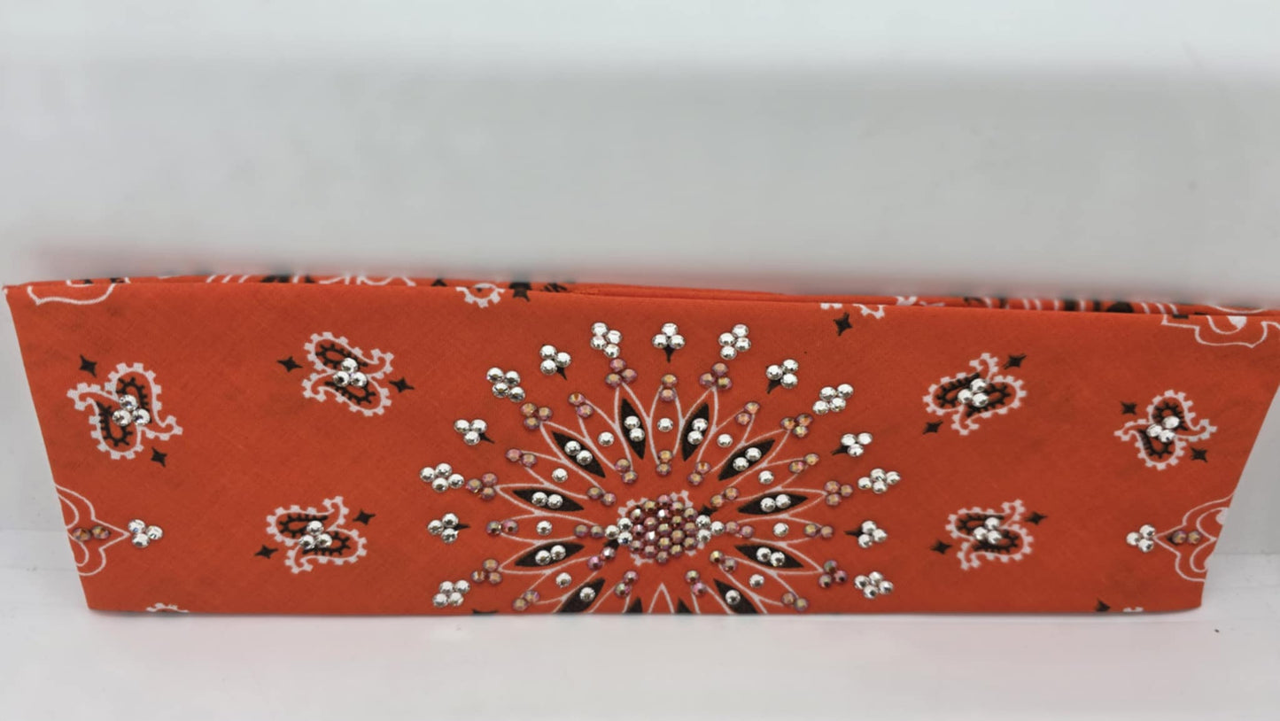 EXTRA BLING - Orange Paisley Bandana with Lava and Diamond Clear Austrian Crystals (sku6392)