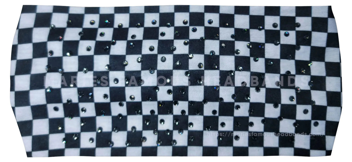Stretchy Headband Black and White Checker with Black Diamond Crystals (Sku5489)