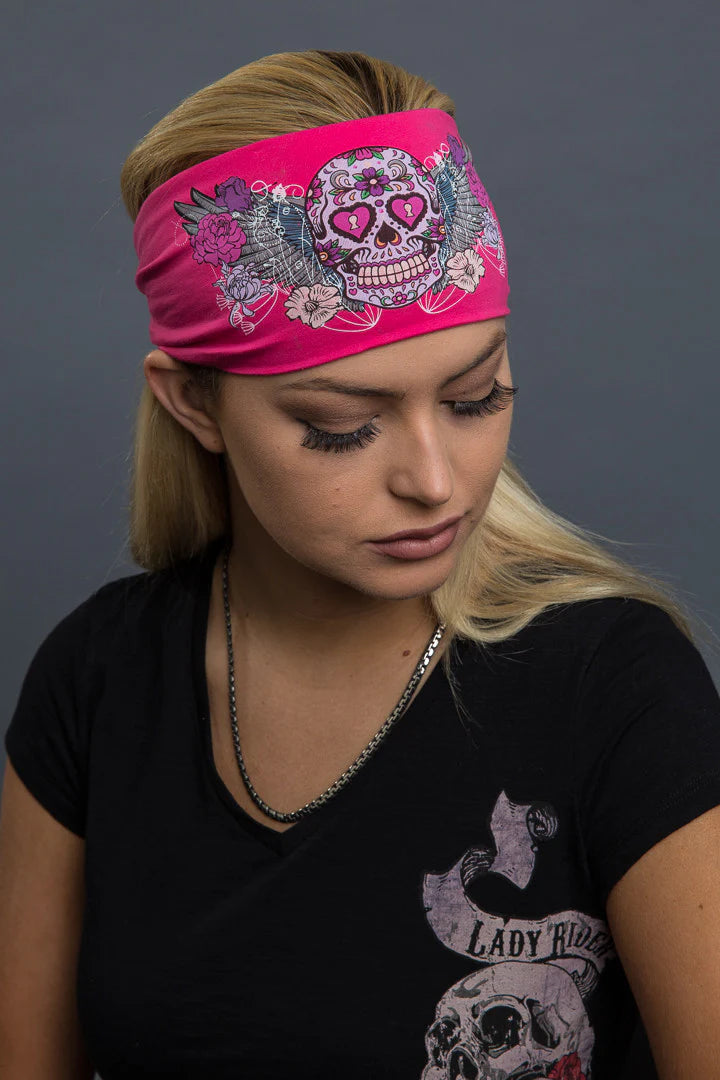 Stretchy Headband Pink Sugar Skull (Sku5440)