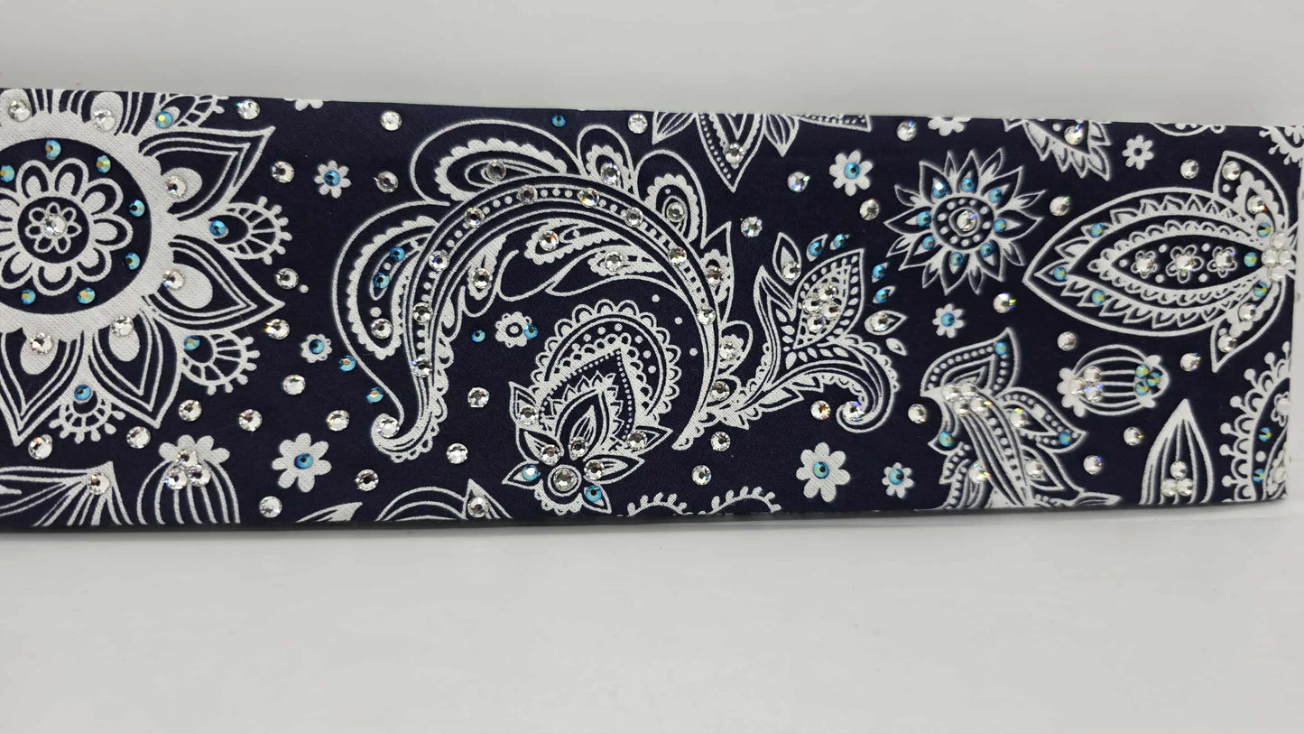 EXTRA BLING -Fancy Blue Paisley Bandana with Black Shimmer and Diamond Clear Austrian Crystals (sku6412)