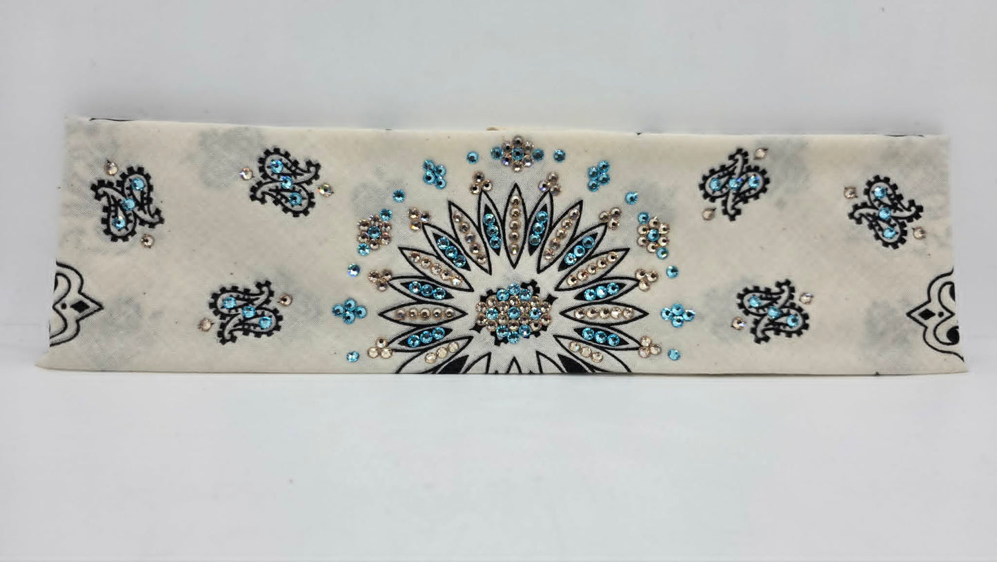 Off White Paisley Bandana with Aqua and Honey Austrian Crystals (E60147)