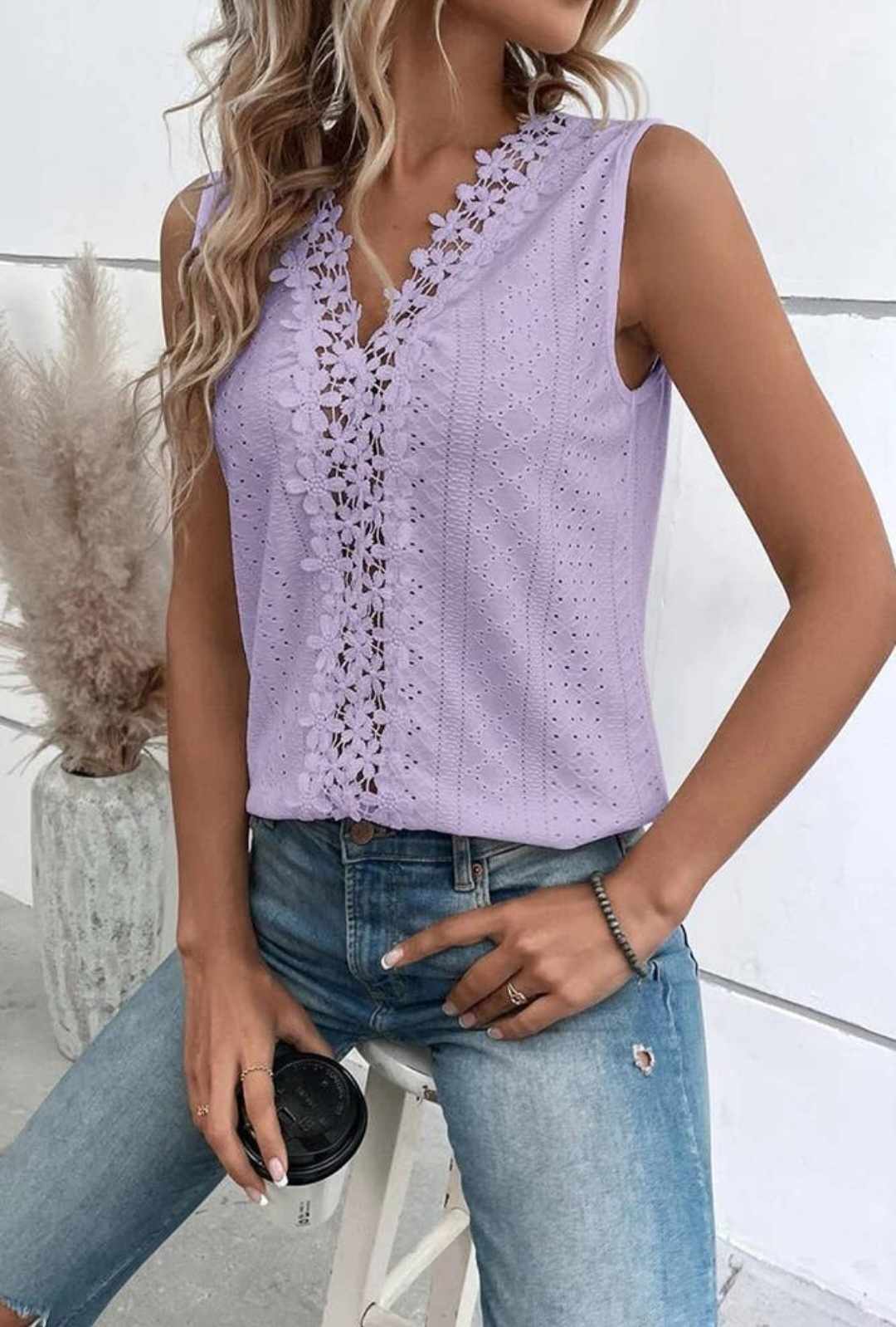 Light Purple Sleeveless V neck Jacquard Eyelet Top