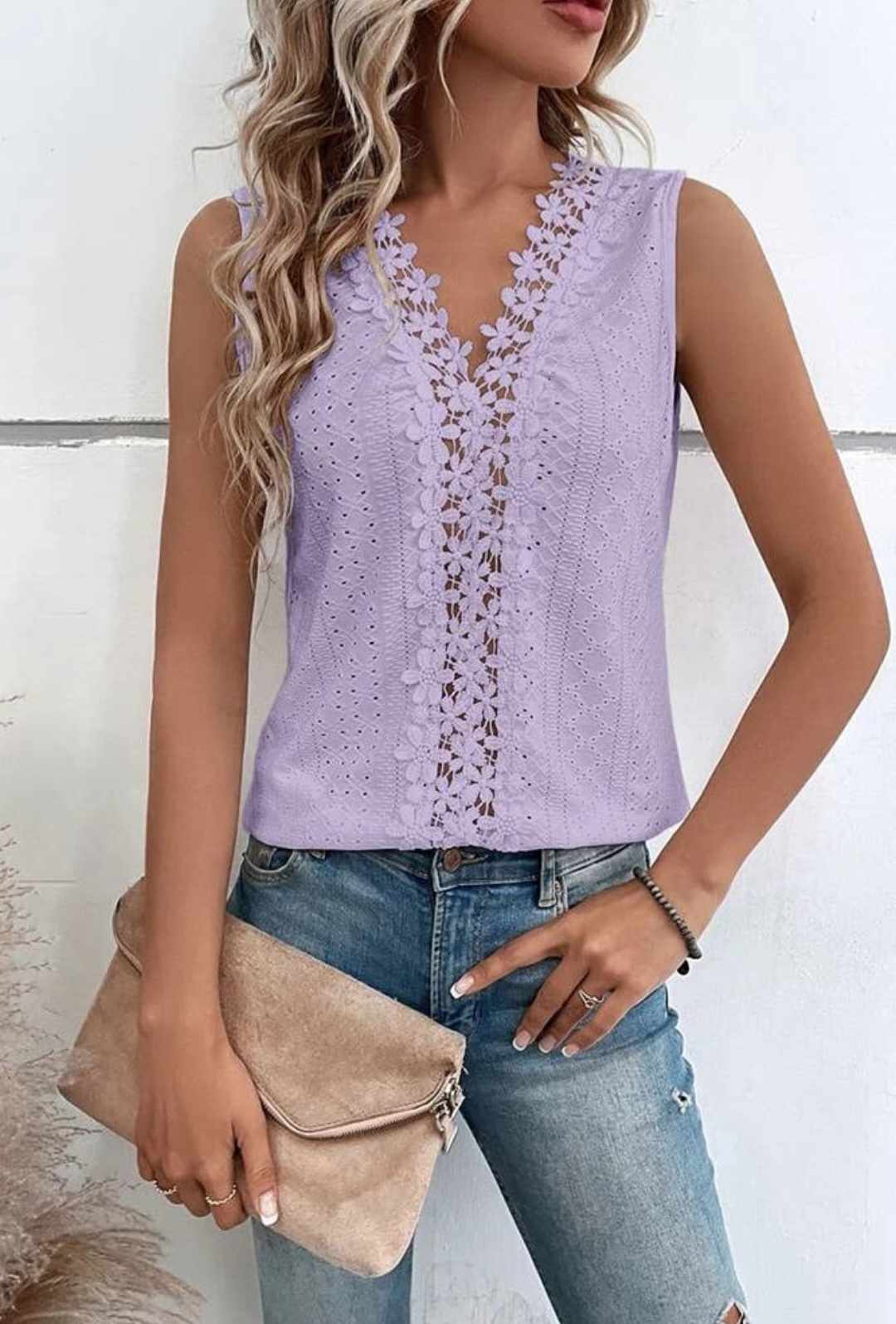 Light Purple Sleeveless V neck Jacquard Eyelet Top